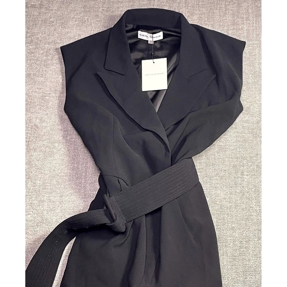 Karina Grimaldi Marlo Jumpsuit Womens XS Black Belted Sleeveless Notch Lapel
